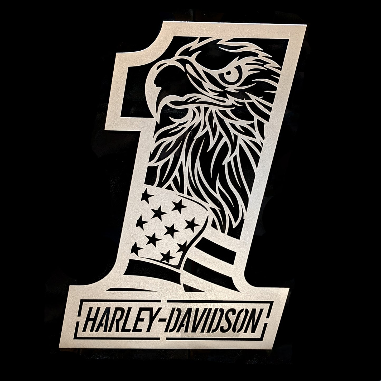 Harley Davidson 1 with Flag and Eagle Silver on black background