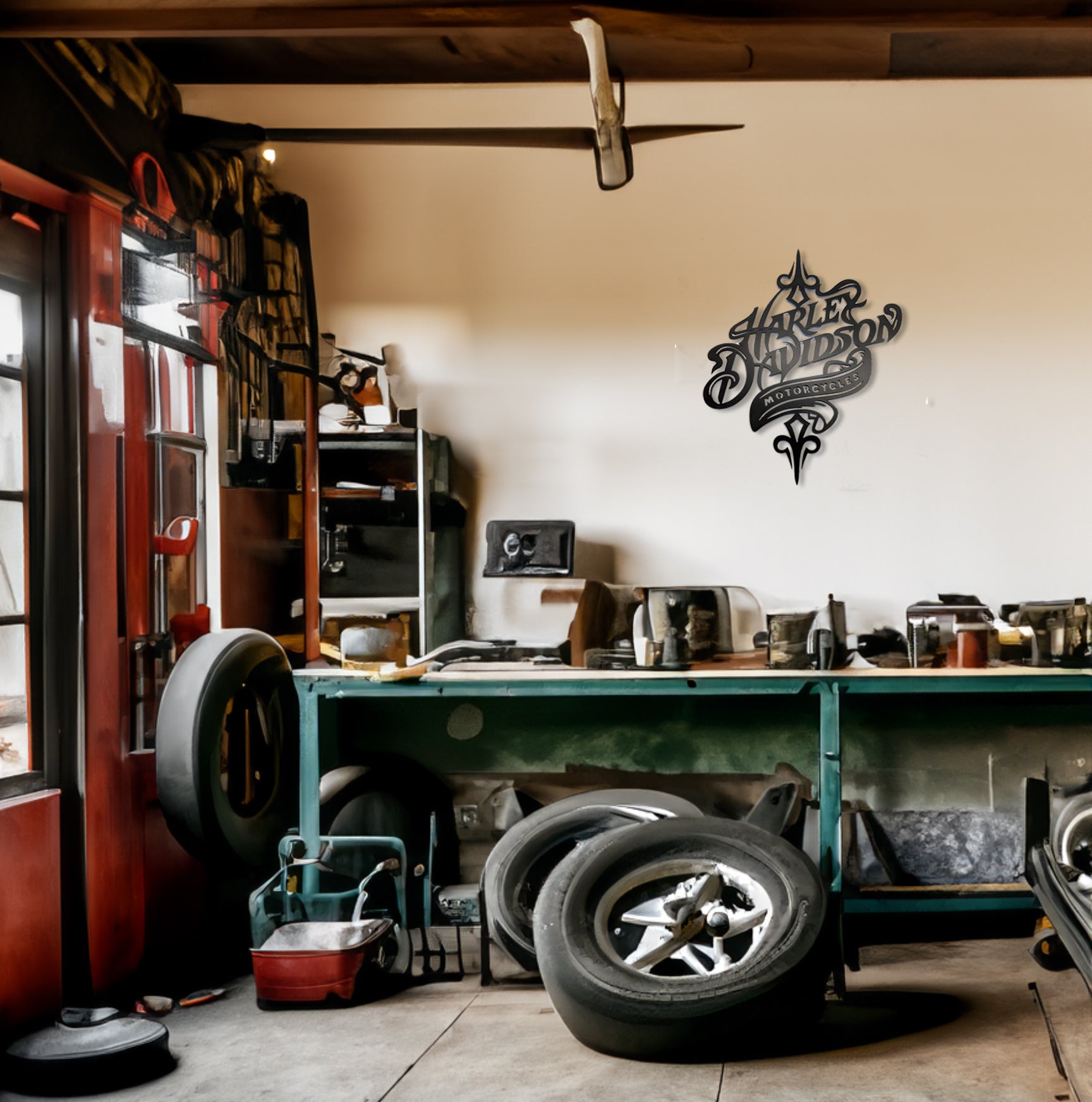 Harley Davidson Rustic Sign on a wall in a garage