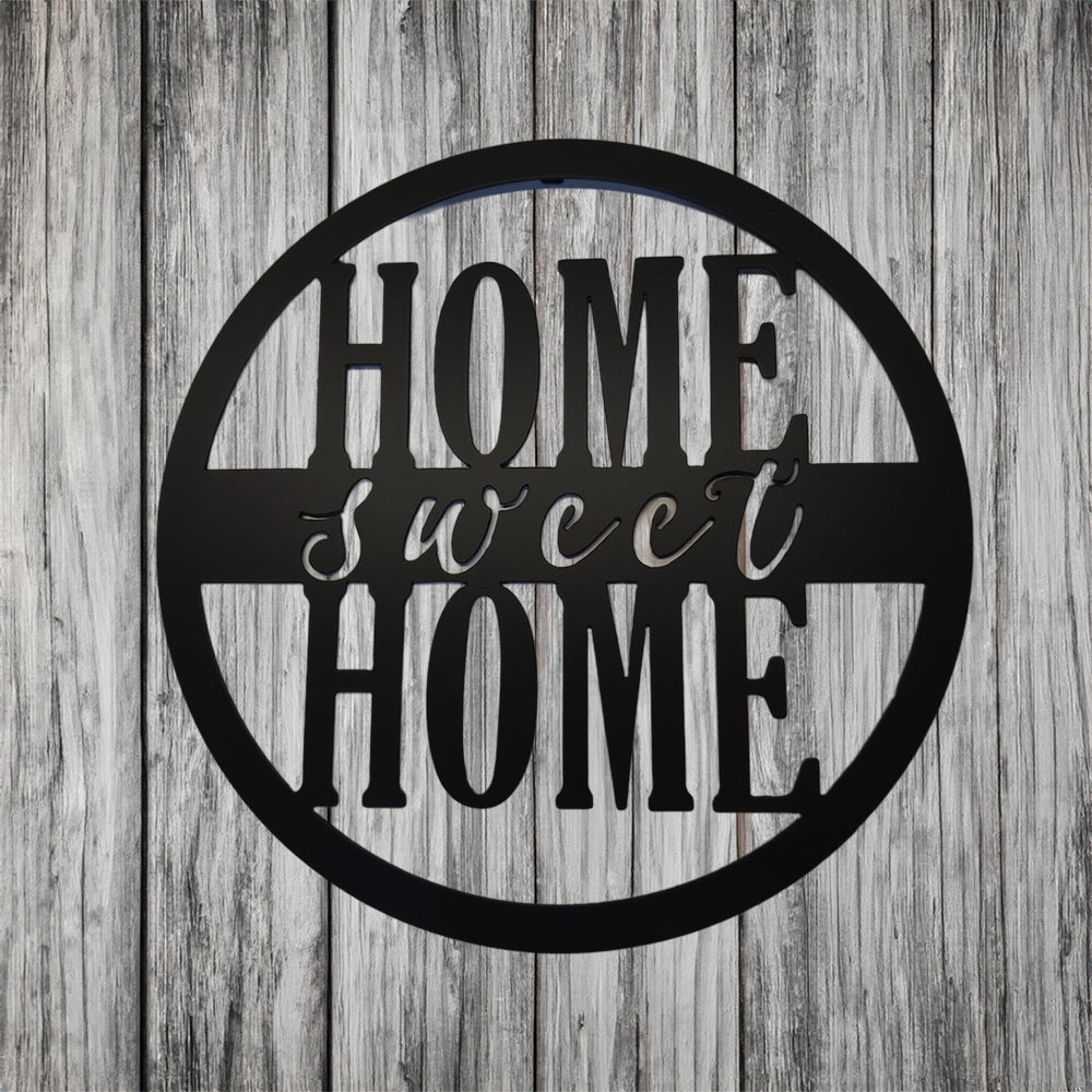 Home Sweet Home Round Metal Sign  Script Style black on gray wood background