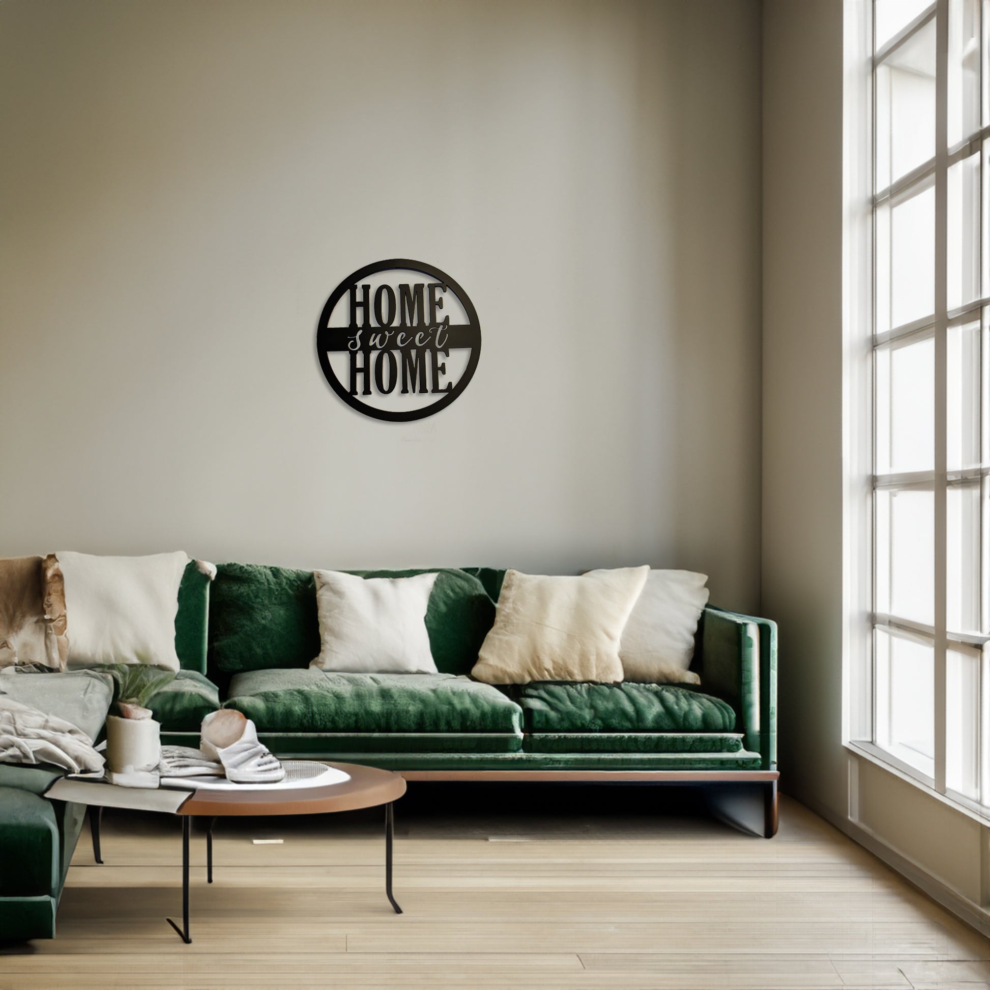 Home Sweet Home Round Metal Sign - Script Style shown on a wall in a family room