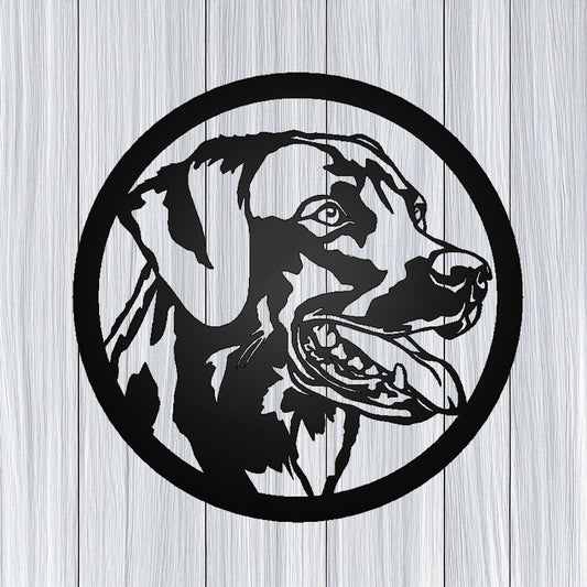 Labrador Dog Silhouette Metal Sign on gray wood background