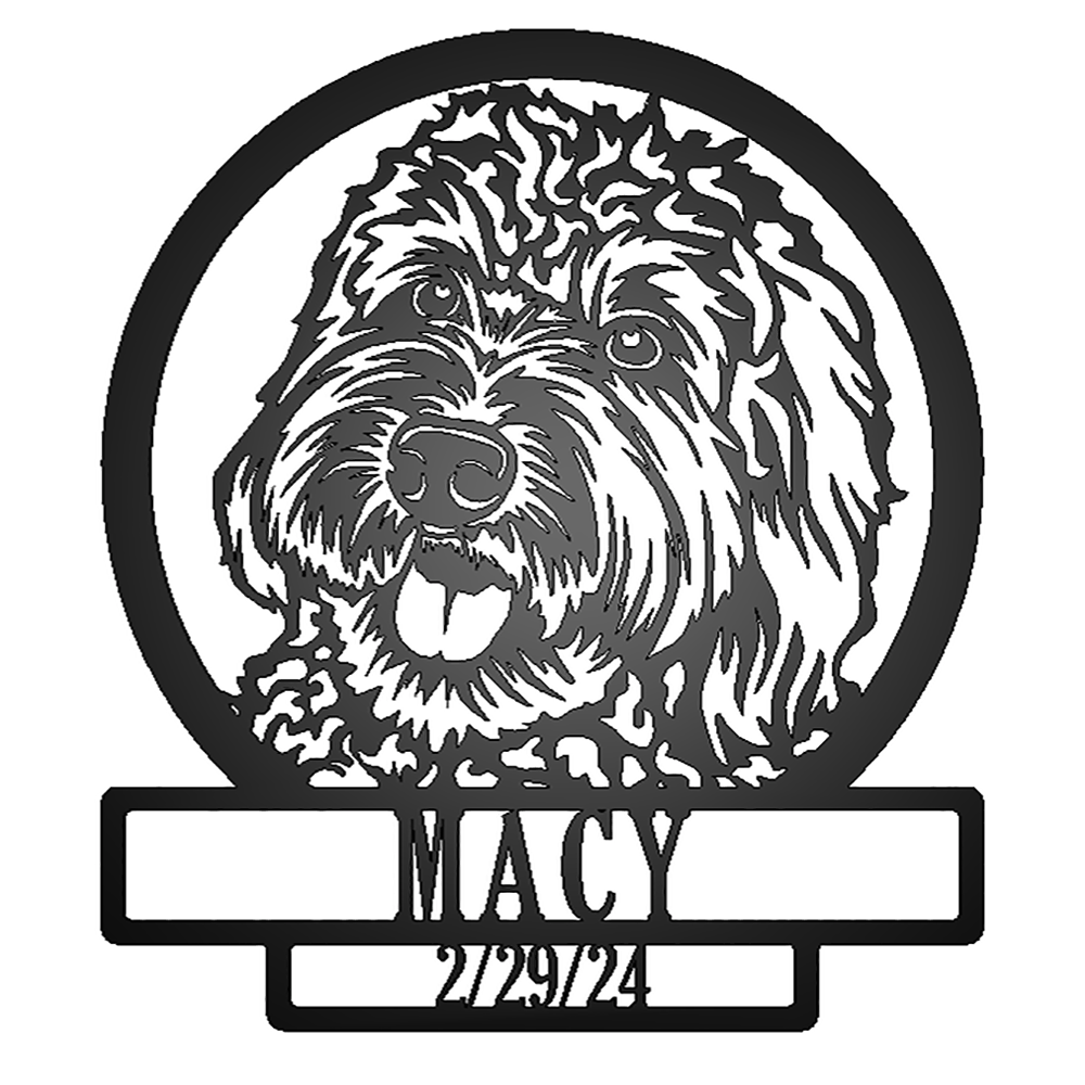 Labradoodle Dog Silhouette with Personalized Name and Date Metal Sign with "MACY 2/29/24" personalization