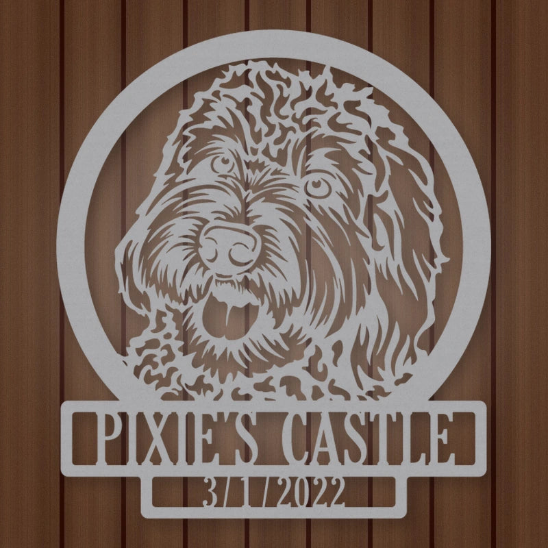 Labradoodle Dog Silhouette With Personalized Name And Date Metal Sign shown in Metallic Silver powder coat finish.
