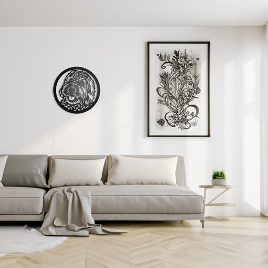 Labradoodle Dog Silhouette Metal Sign shown on a wall in a family room