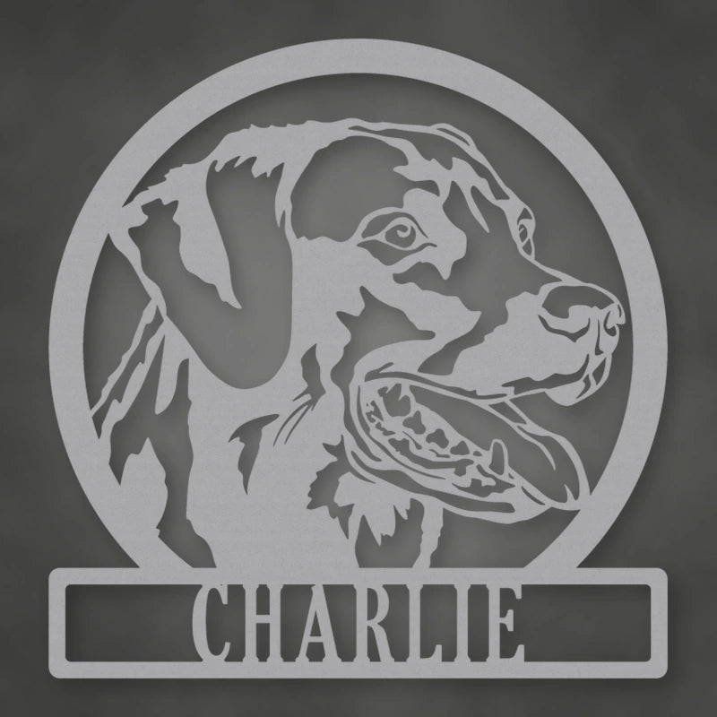 Labrador Dog Silhouette With Personalized Name Metal Sign shown in Metallic Silver powder coat finish.