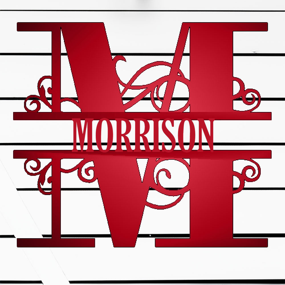 Scroll Monogram Family Name Metal Sign Red M with "MORRISON" personalization on white batten background