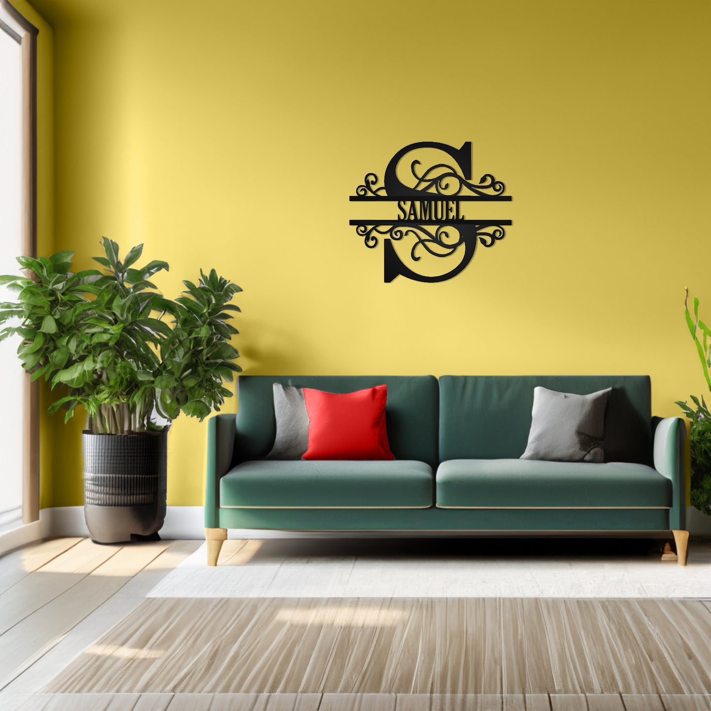 Scroll Monogram Family Name Sign with "SAMUEL" personalization shown on living room wall above a couch