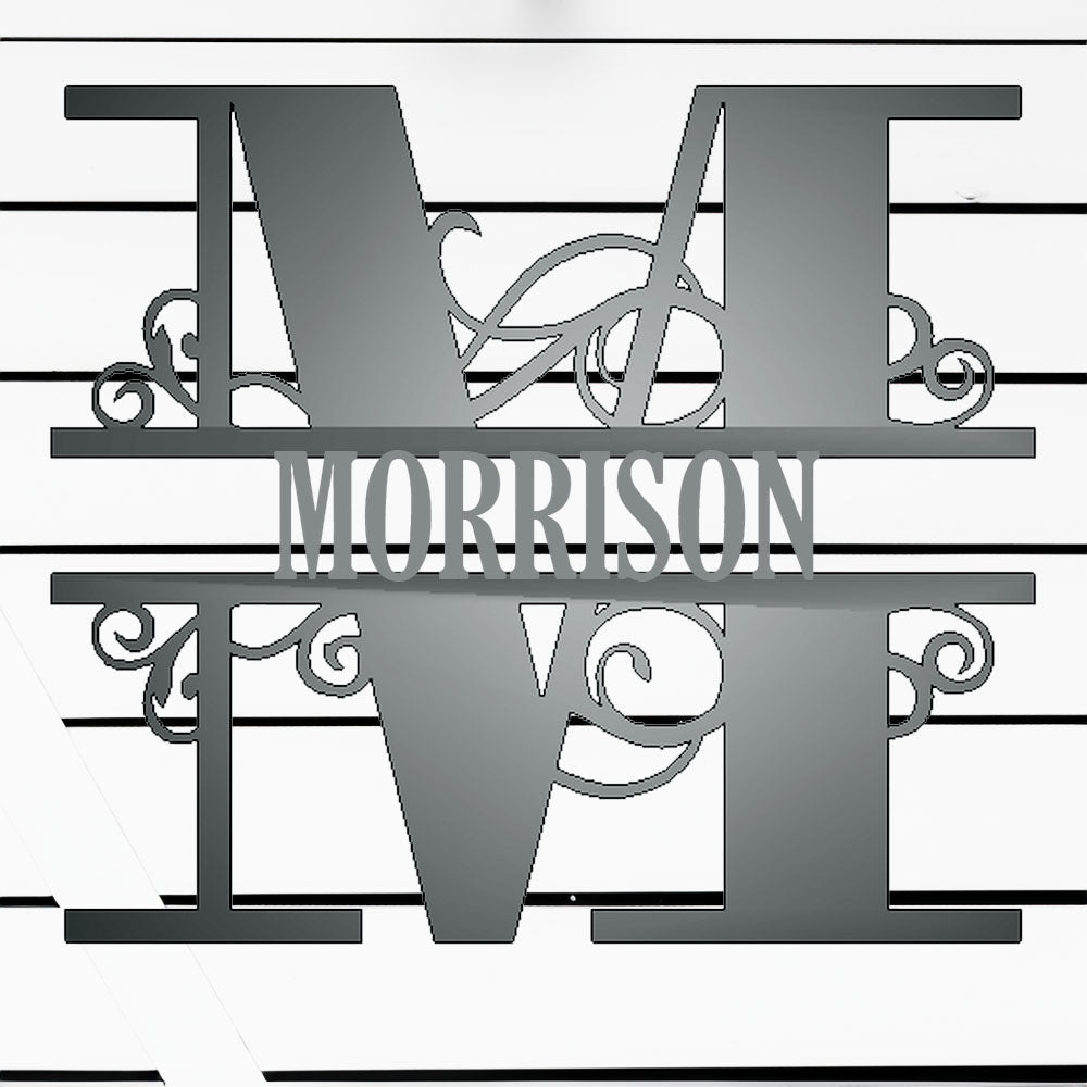 Scroll Monogram Family Name Metal Sign Silver M with "MORRISON" personalization on white batten background