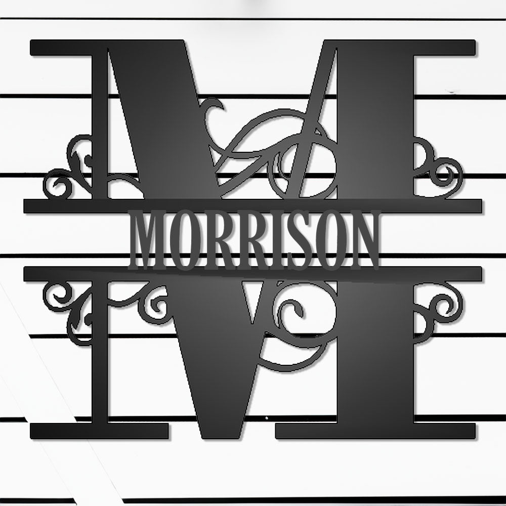 Scroll Monogram Family Name Metal Sign Black M with "MORRISON" personalization on white batten background