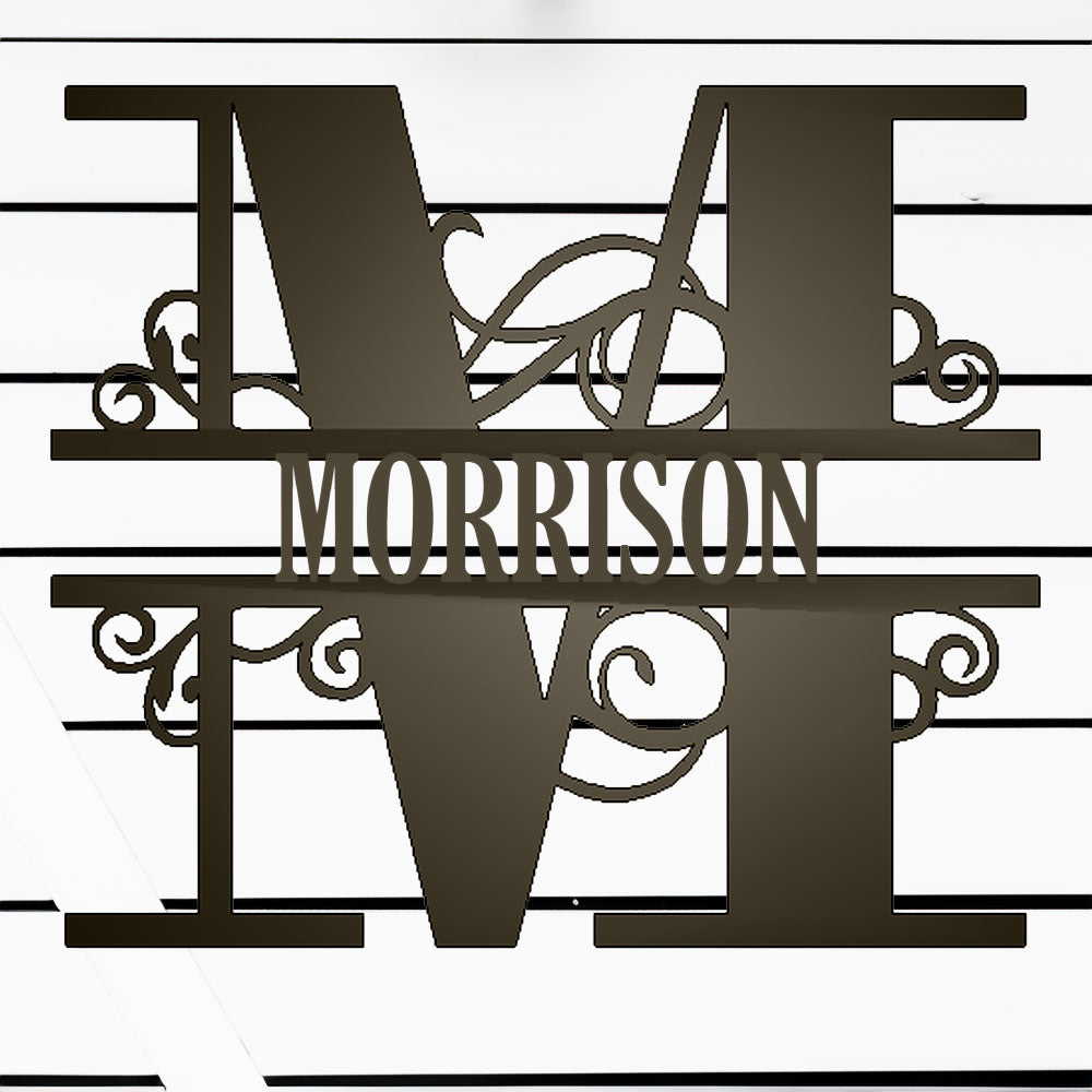 Scroll Monogram Family Name Metal Sign Bronze M with "MORRISON" personalization on white batten background
