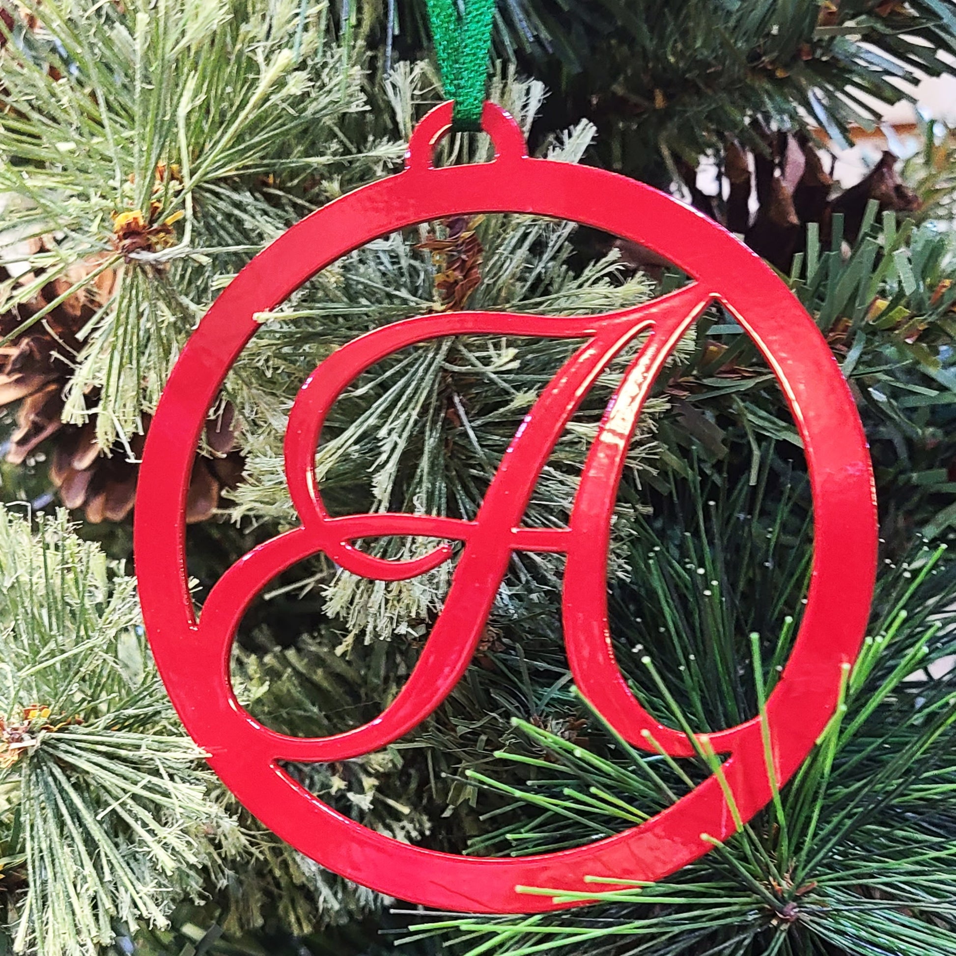 Monogram Initial Christmas Tree Ornament Red A on a Christmas tree