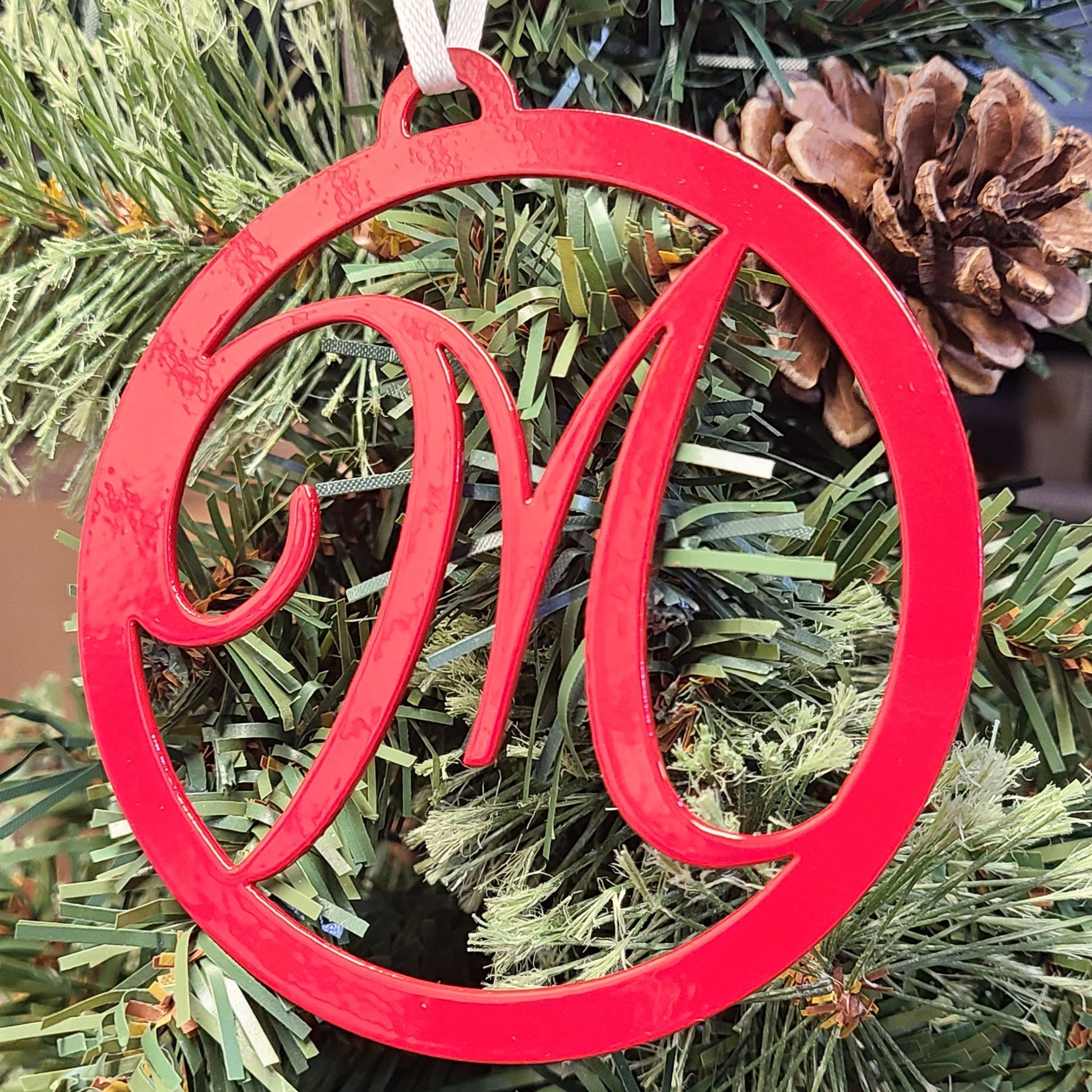 Monogram Initial Christmas Tree Ornament Red M on a Christmas tree