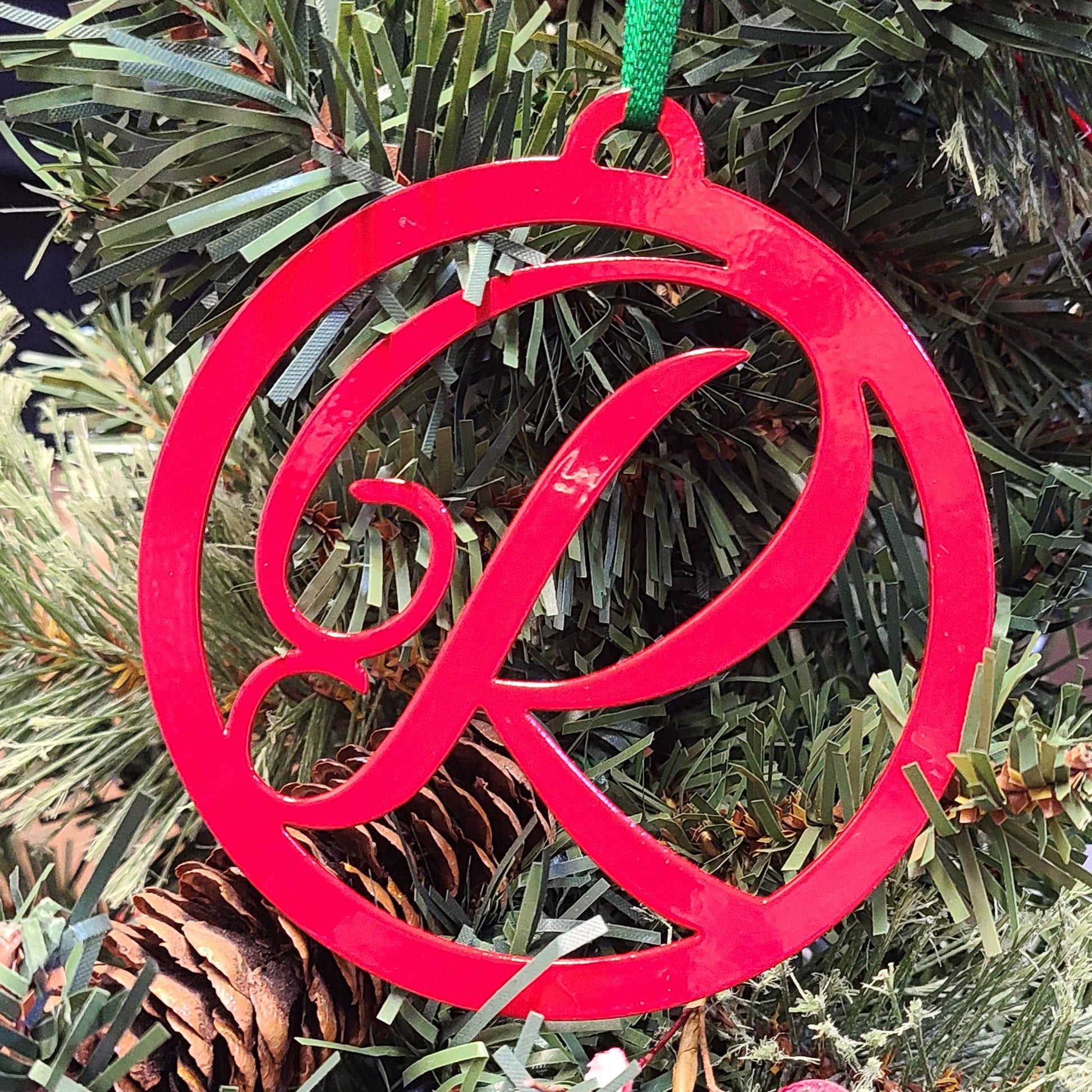 Monogram Initial Christmas Tree Ornament Red R on a Christmas tree
