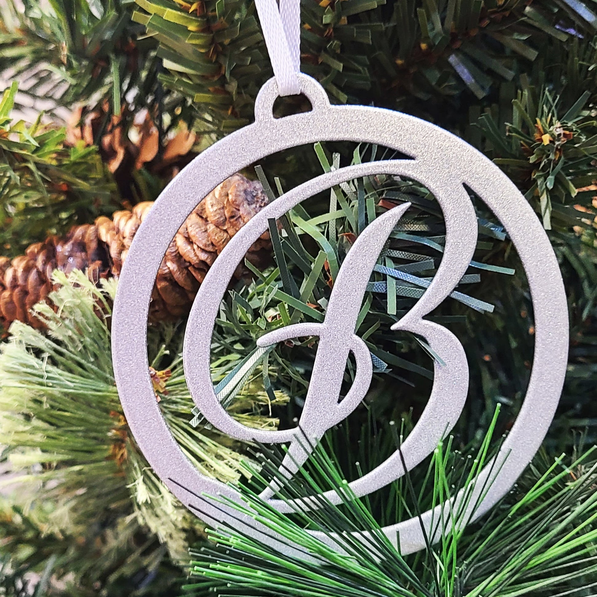 Monogram Initial Christmas Tree Ornament Silver B on Christmas tree