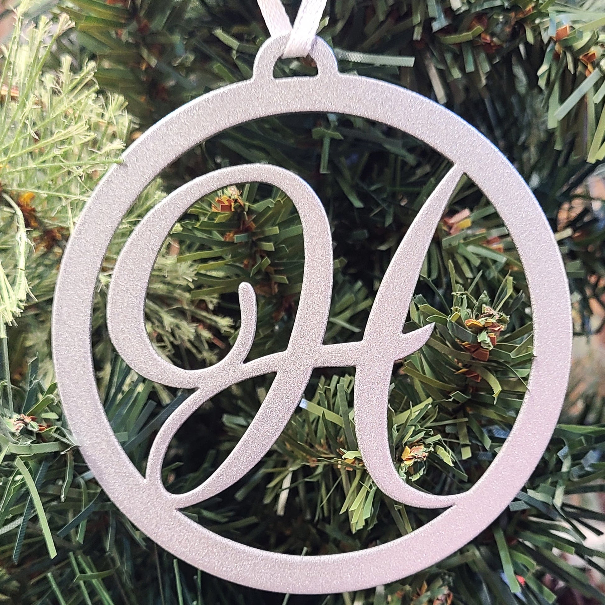 Monogram Initial Christmas Tree Ornament Silver H on Christmas tree