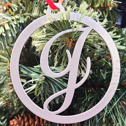 Monogram Initial Christmas Tree Ornament Silver J on a Christmas tree