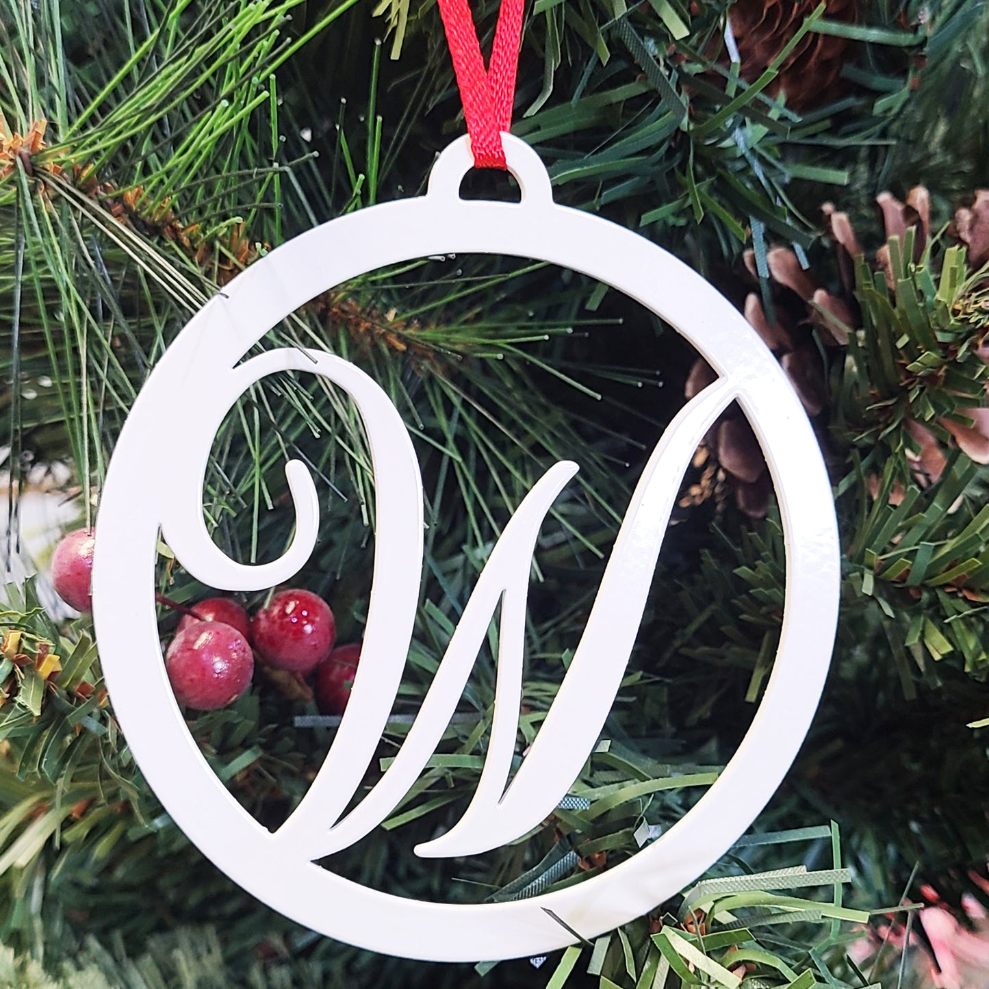 Monogram Initial Christmas Tree Ornament white W on Christmas tree