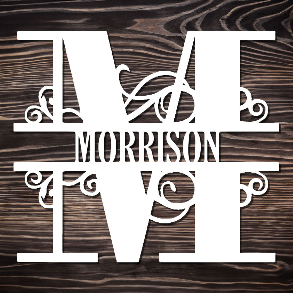 Scroll Monogram Family Name Metal Sign White M with "MORRISON" personalization on dark wood background
