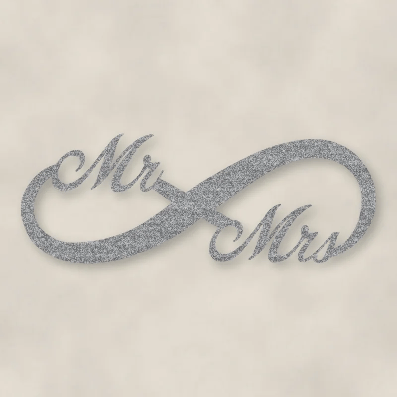 Mr. & Mrs. Infinity Metal Sign Raw Steel / Rust animated finish preview Shopify Ready.