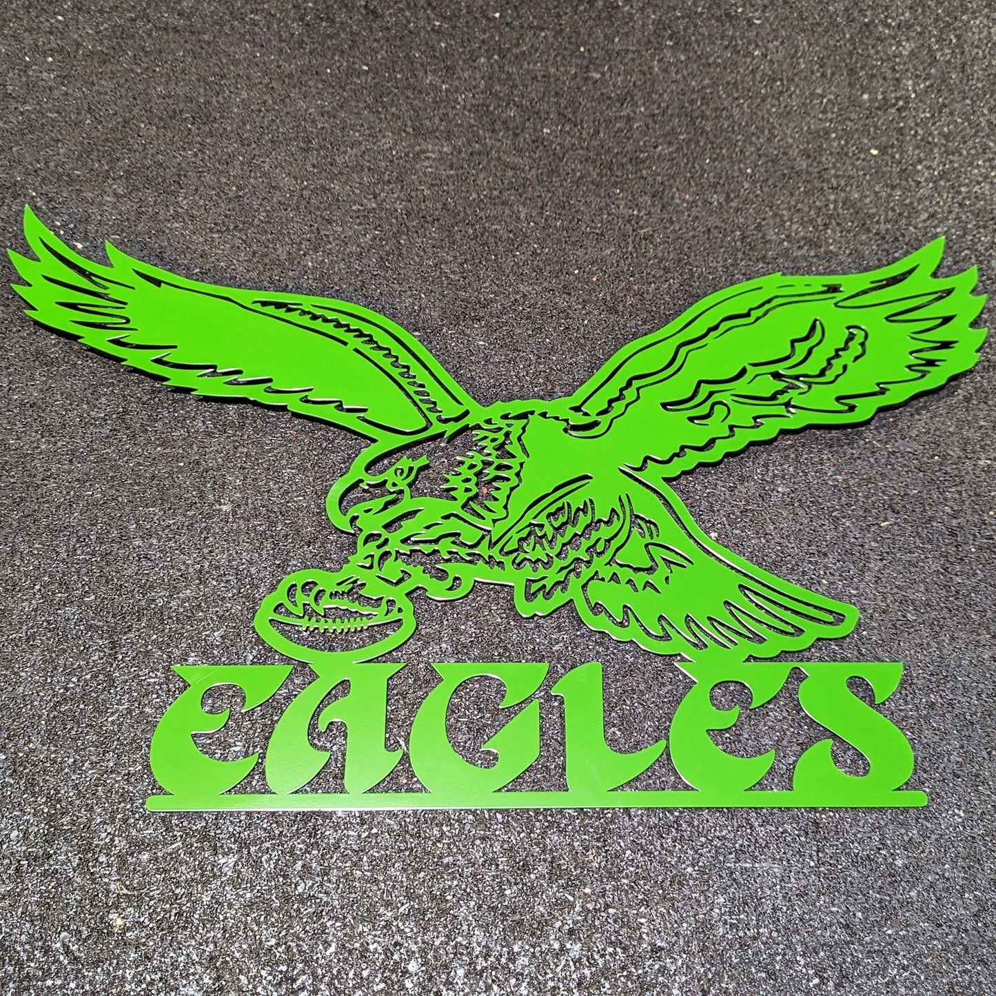 Old School Eagles Logo Metal Sign kelly green on black speckled background
