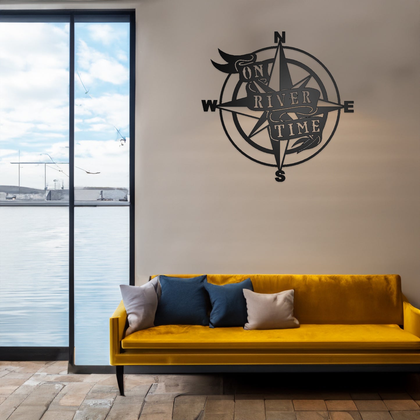 On River Time Metal Sign Black shown on a wall in a vacation home