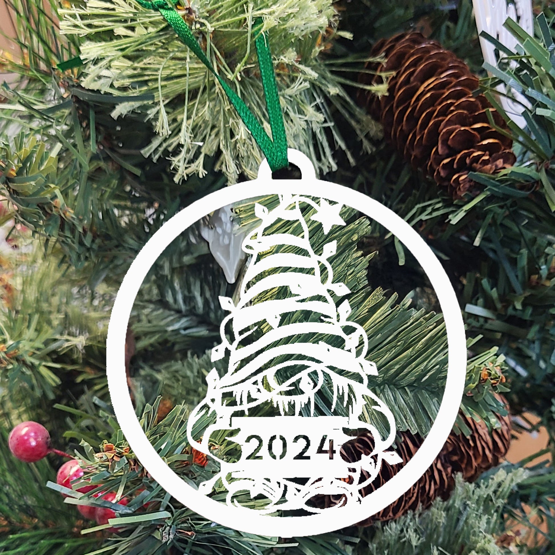 Christmas Gnome 2024 Limited Edition Holiday Ornament White hanging on a Christmas tree