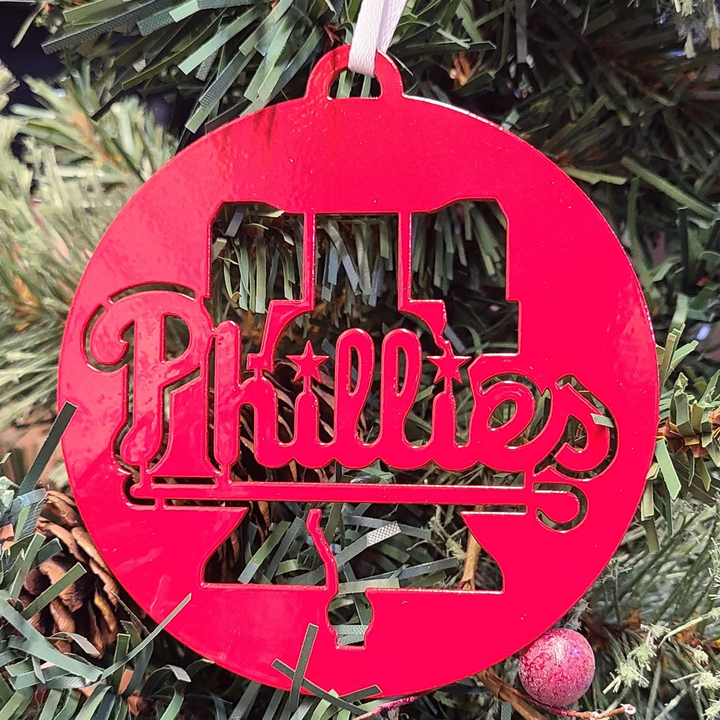 Phillies Holiday Ornament Red on Christmas tree