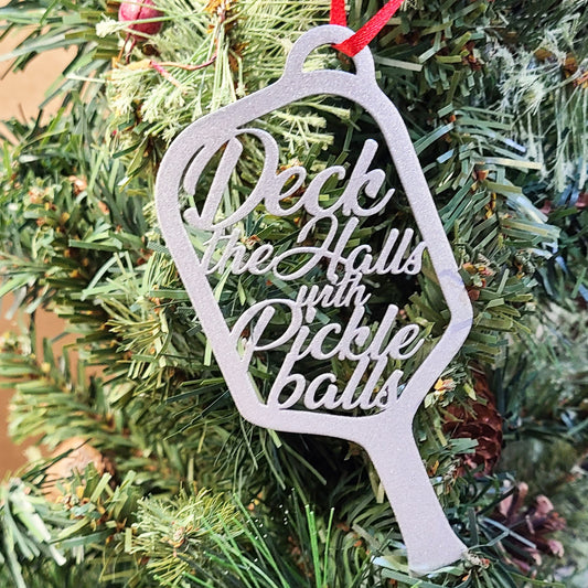 Pickle Ball Metal Holiday Ornament silver on Christmas tree