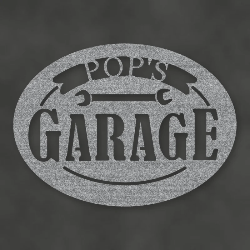 Pop's Garage Metal Sign Raw Steel / Rust animated finish preview Shopify Ready.