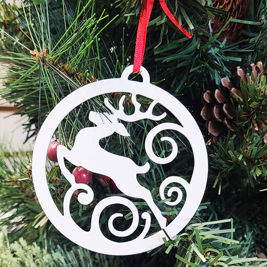 Reindeer Jumping Holiday Ornament White on Christmas tree