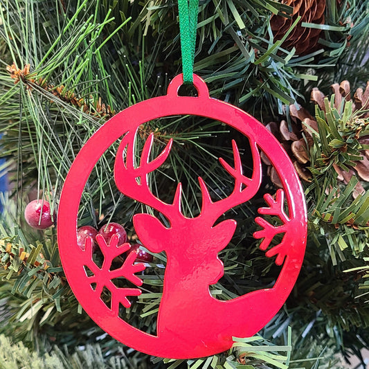 Reindeer Snowflake Holiday Ornament Red on Christmas tree