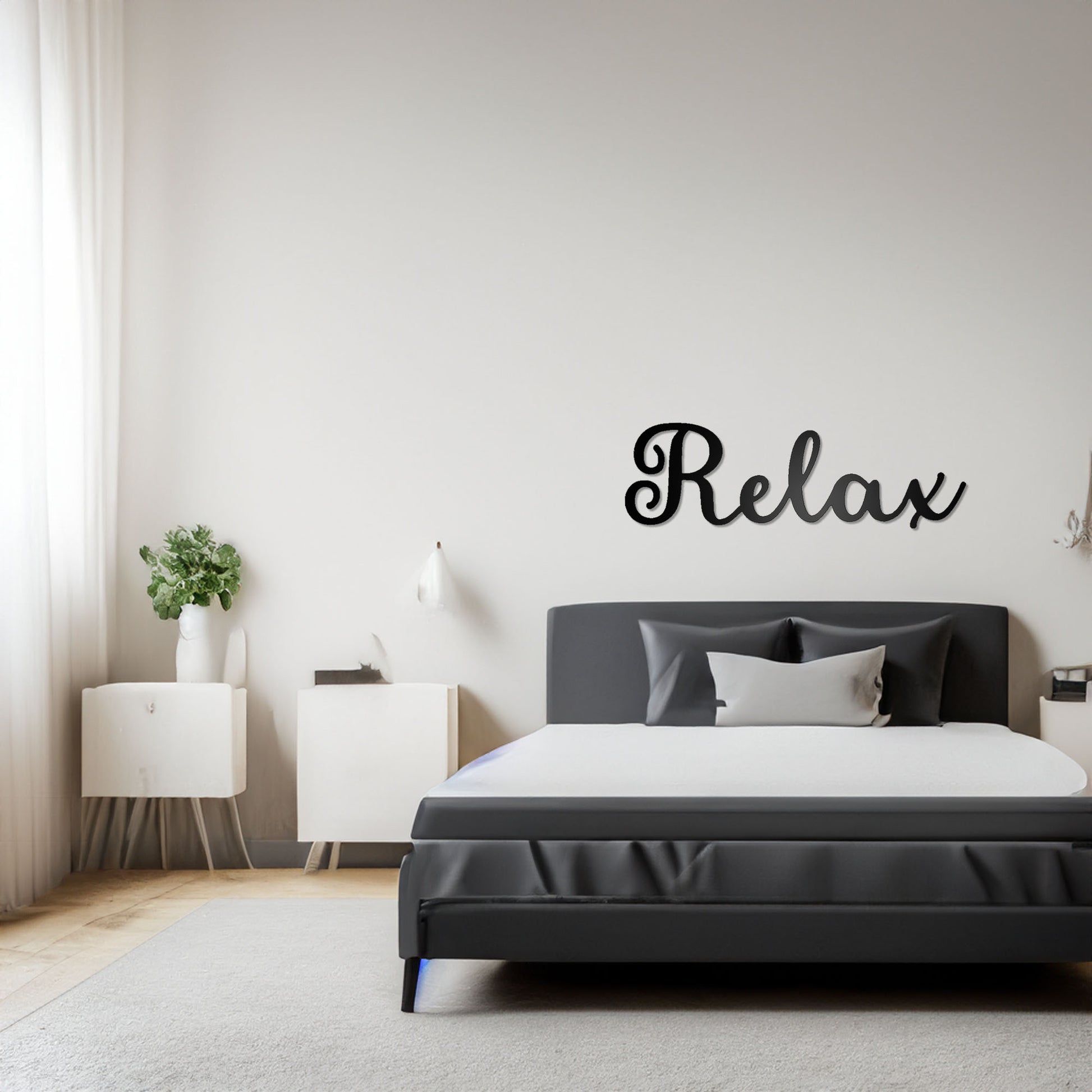 Relax Script Metal Sign on wall in a modern bedroom