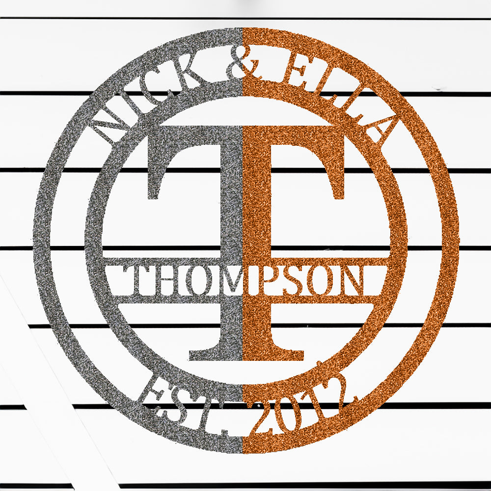 Round Monogram with Top Personalization and EST Date Raw Steel with "Thompson" personalization on white batten background
