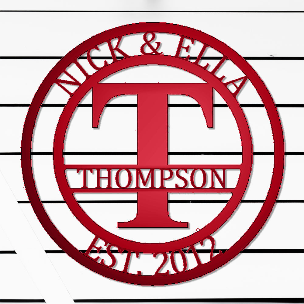 Round Monogram with Top Personalization and EST Date Red T with "THOMPSON" personalization on white batten background