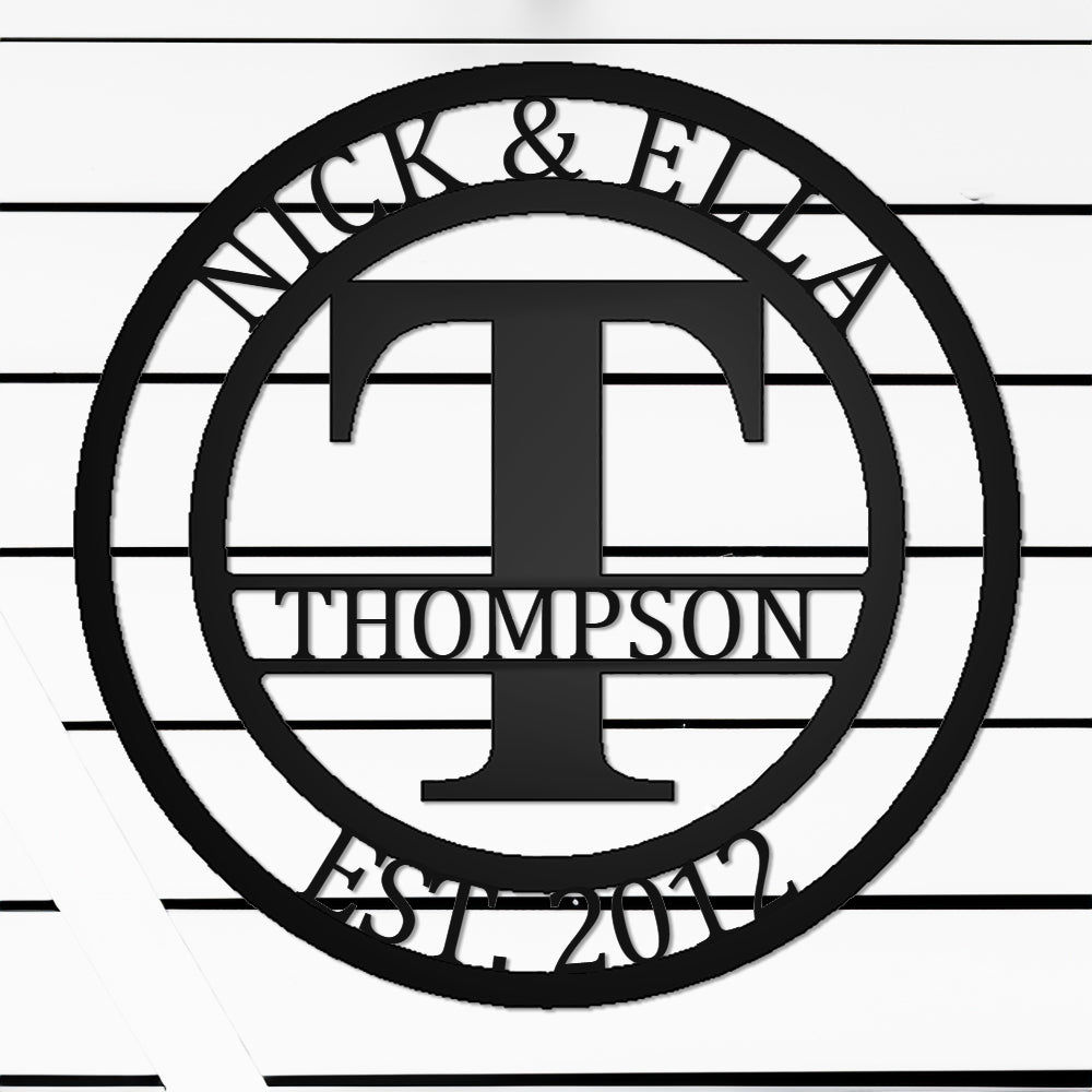 Round Monogram with Top Personalization and EST Date Black T with "THOMPSON" personalization on white batten background
