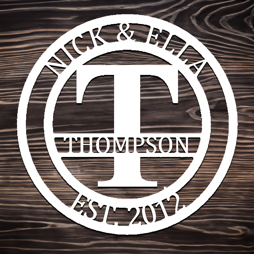 Round Monogram with Top Personalization and EST Date White T with "THOMPSON" personalization on dark wood background