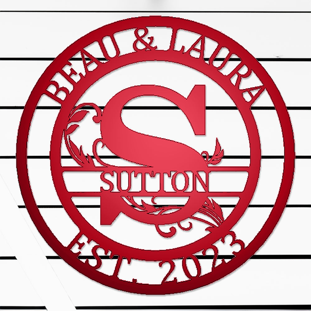 Round Scroll Monogram with Top Personalization and EST Date Red S with "BEAU & LAURA SUTTON 2023" personalization on white batten background