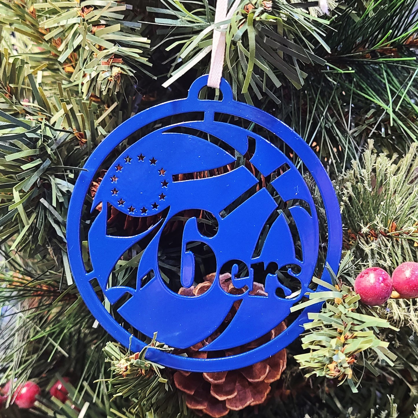 76ers Holiday Ornament Blue on Christmas tree