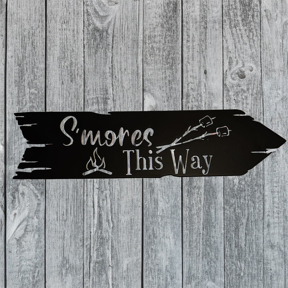 S'mores This Way Arrow Metal Sign on gray wood background