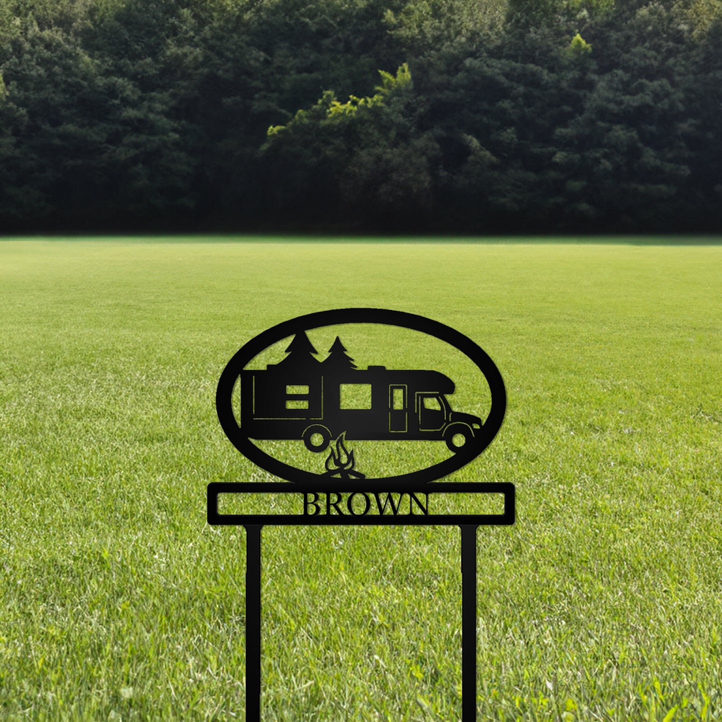 Super Class C RV Camper Personalized Metal Sign with "BROWN" personalization in grassy field