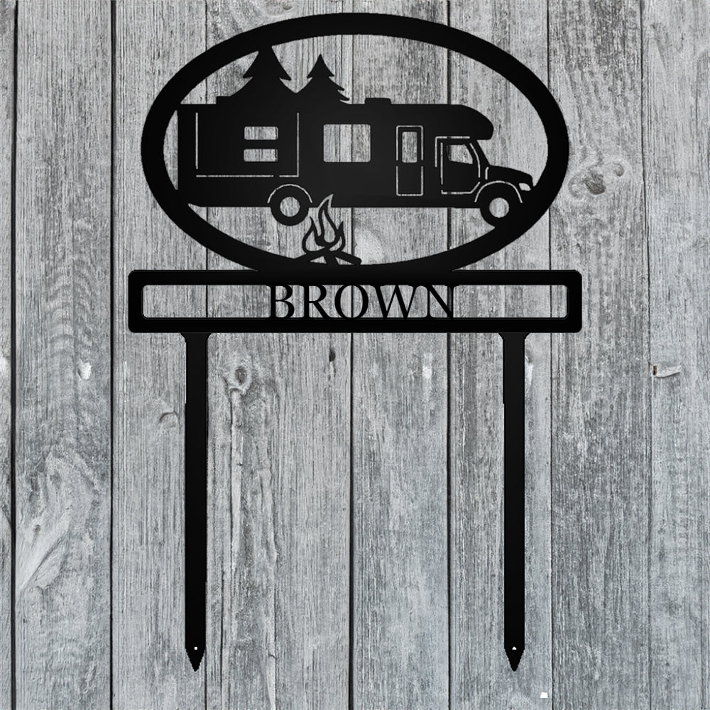 Super Class C RV Camper Personalized Metal Sign with "BROWN" personalization on gray wood background
