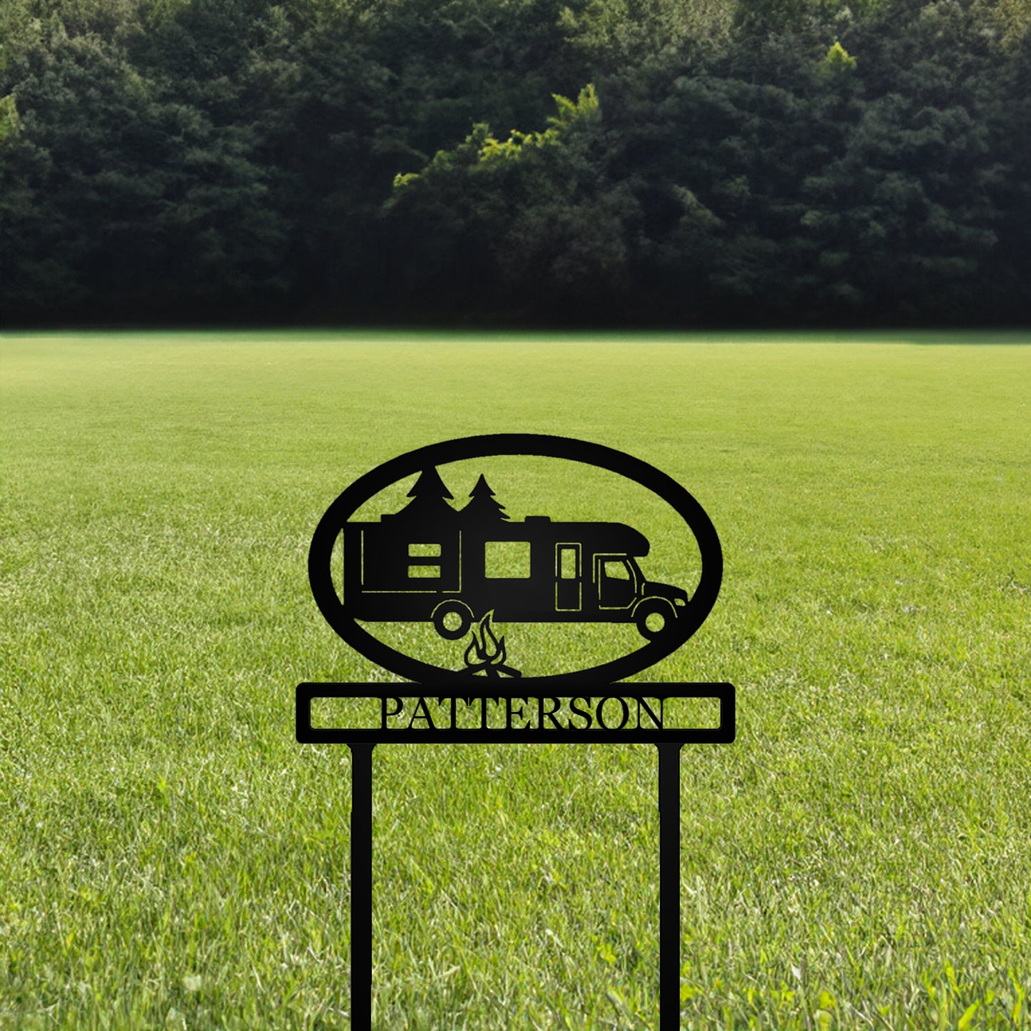 Super Class C RV Camper Personalized Metal Sign with "PATTERSON" personalization with grassy background