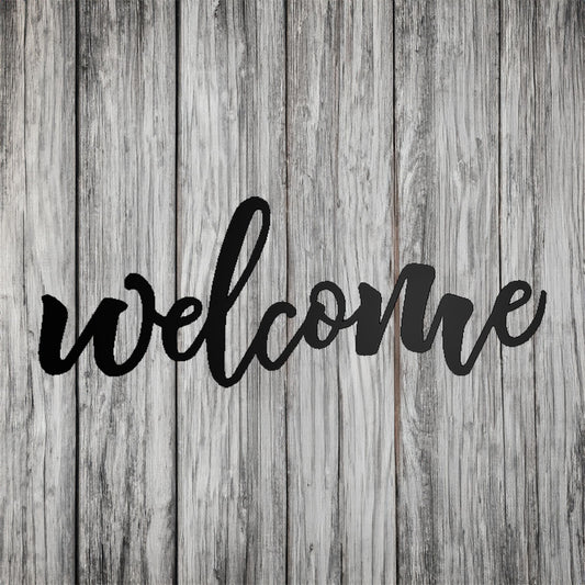 Welcome Script Metal Sign black on gray wood background