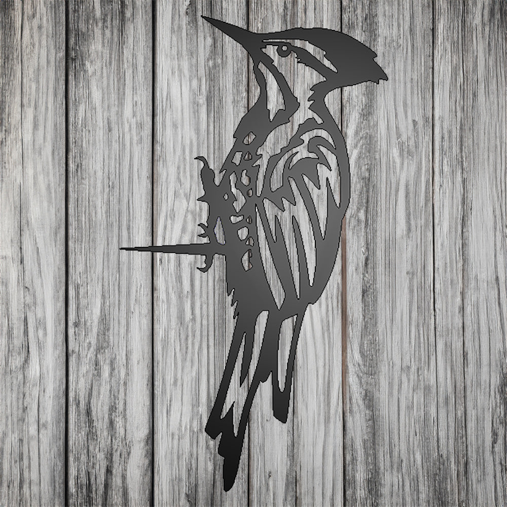 Woodpecker Metal Tree Sign Black on gray wood background