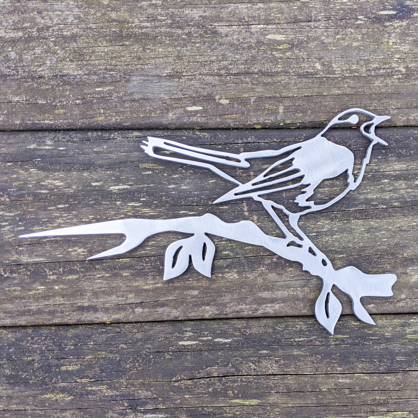 Nightingale Metal Bird Tree Sign Raw - on wood