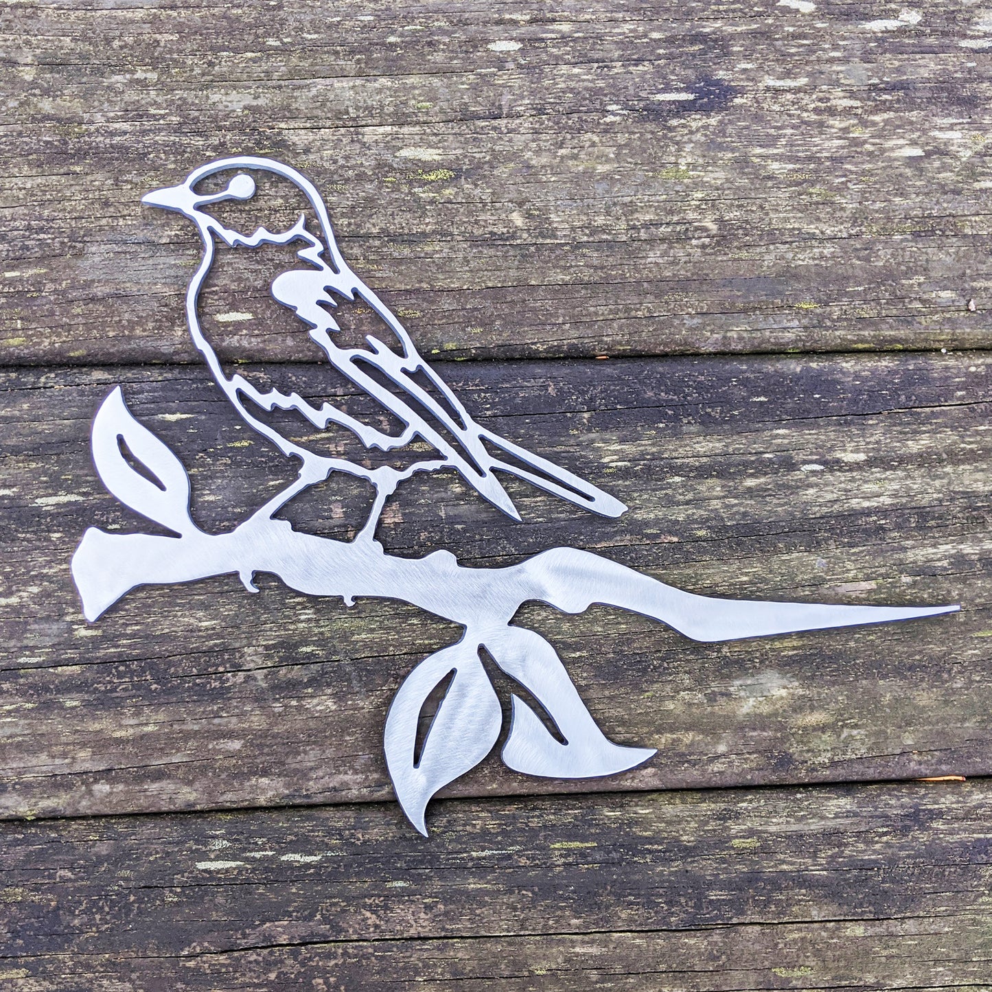Bluebird Metal Bird Tree Sign Raw Steel on weathered wood background