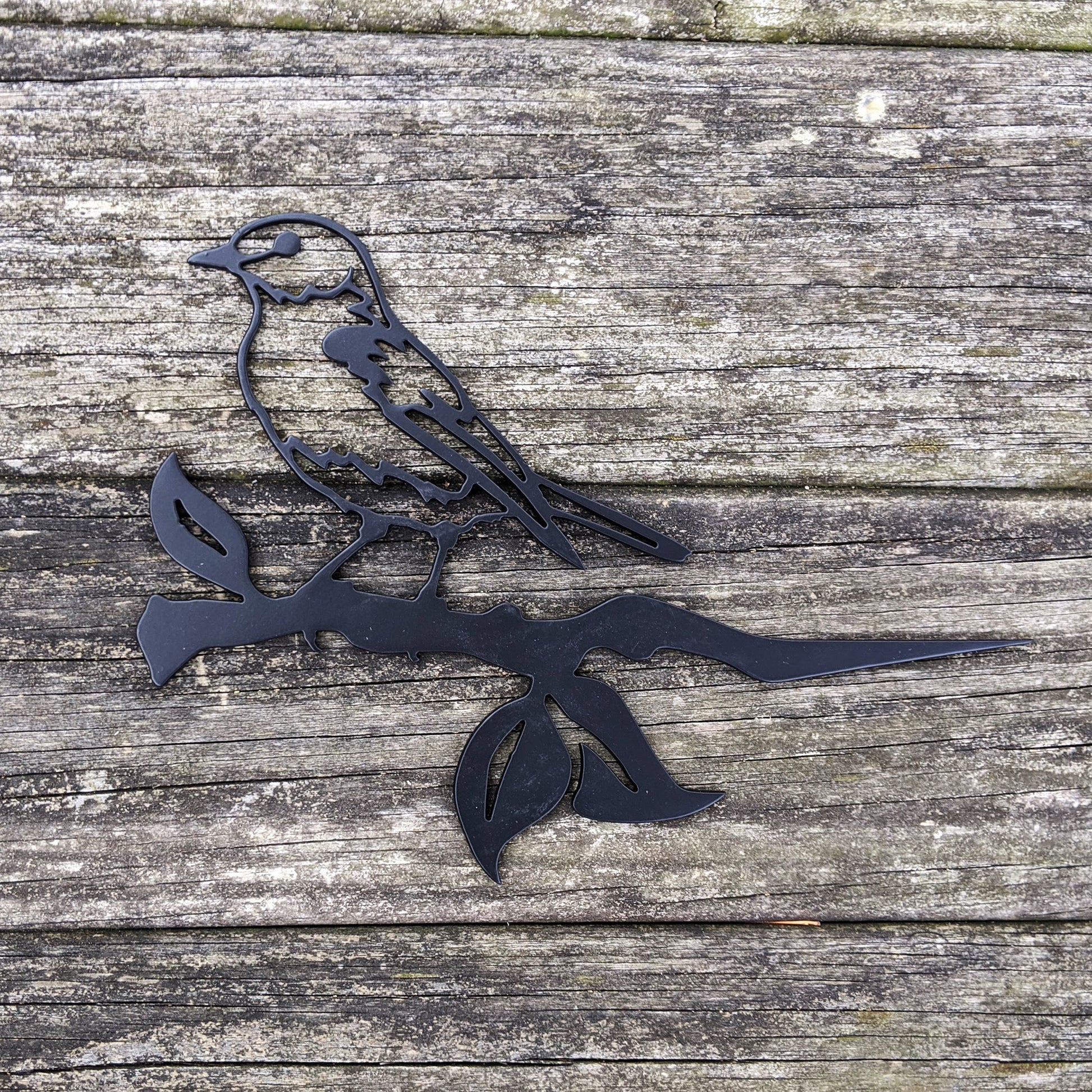 Bluebird Metal Bird Tree Sign Black on weathered wood background