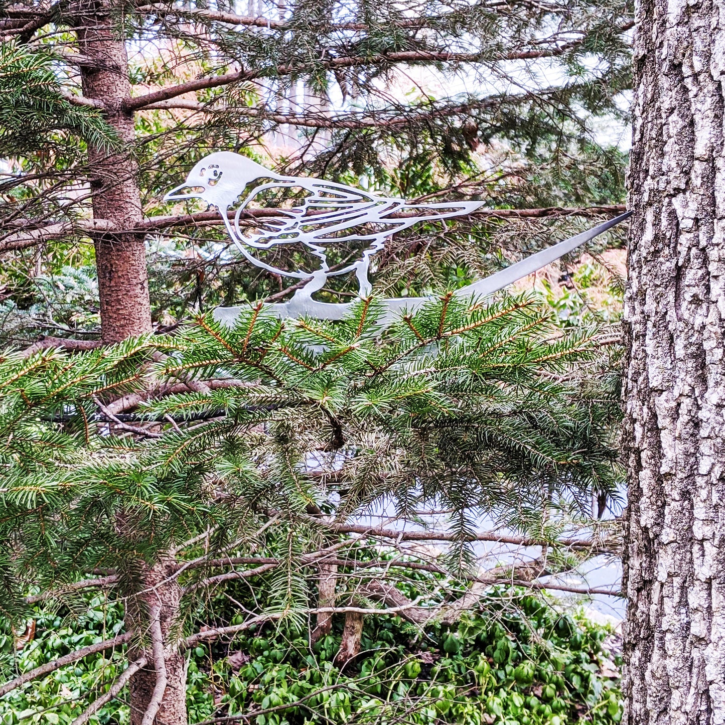 Robin Metal Tree Sign Raw Steel shown in tree