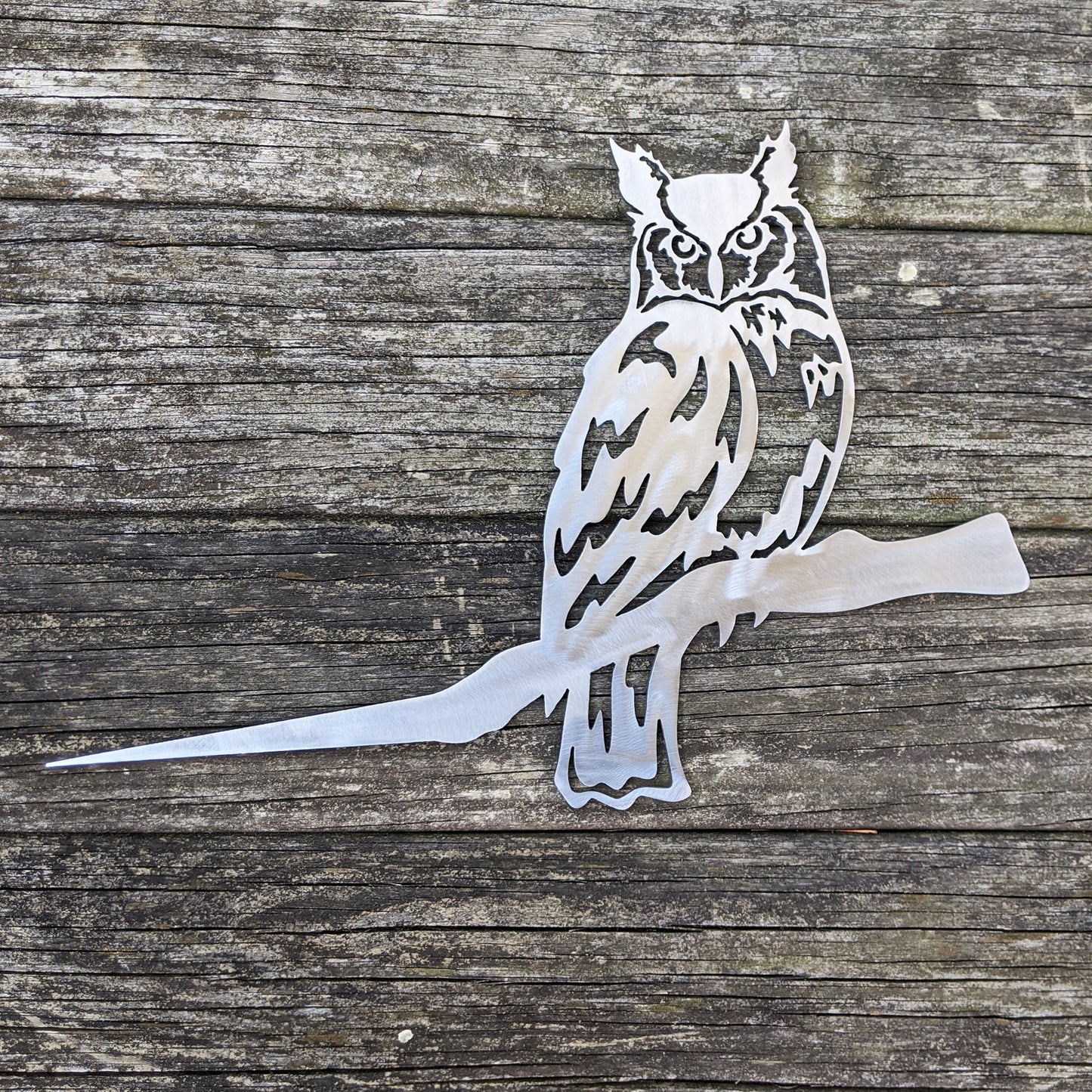 Owl Metal Tree Sign Raw Steel - on wood