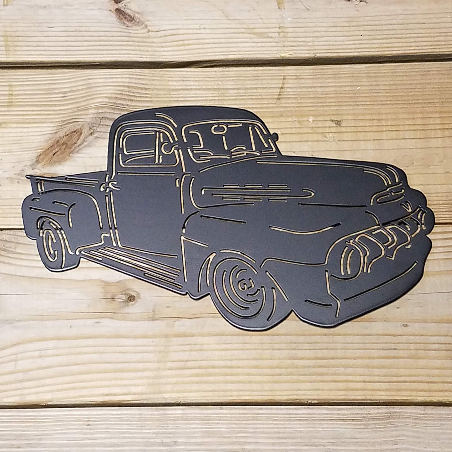 Truck Silhouette 1951 Ford F1 Pickup Metal Wall Sign Black - on wood slat